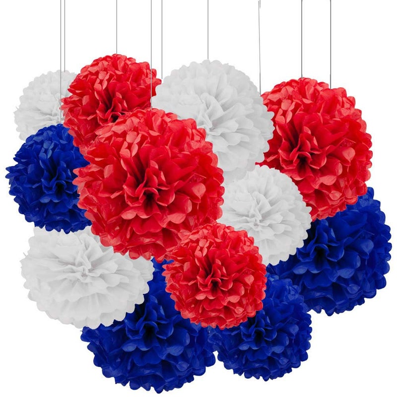 Aimto 12pcs Red,White and Blue Paper Pom Poms Decorations for Party Ceiling Wall Hanging Tissue Flowers Decorations - 3 Colors of 12 Inch, 10 Inch - Image 1
